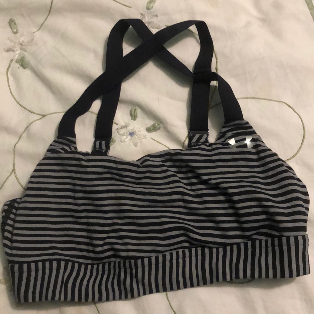 Black and gray striped sports bra.